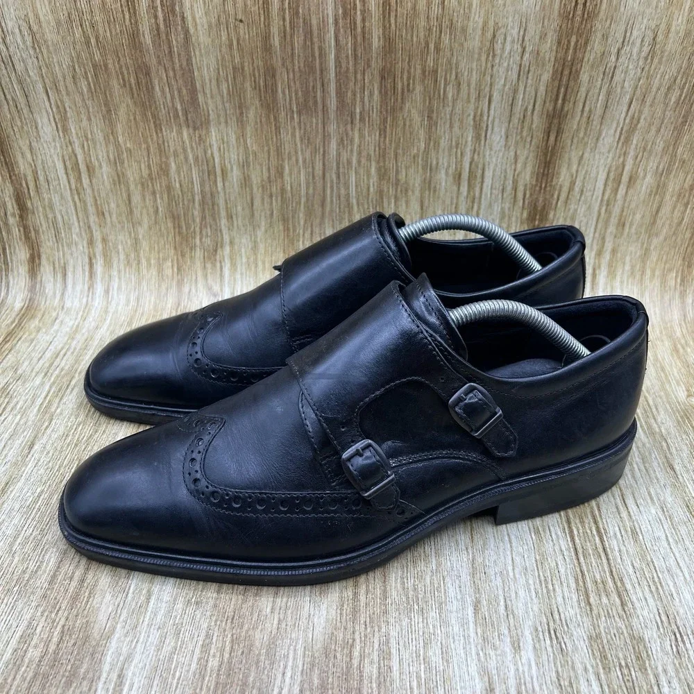 ECCO Double Monk Strap Shoes Men's 8.5 Black Leather Wingtip Brogue Shock Point